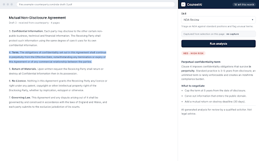 CounselAI — Legal Analysis :: Analyse selected or on-page text with CounselAI's legal skills — NDA triage, contract review, compliance checks and more.