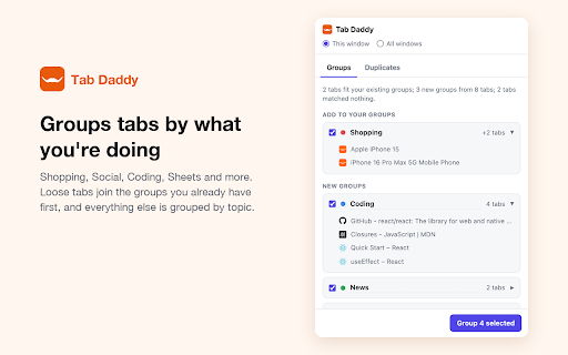 Tab Daddy :: Clean up browser clutter: auto-group open tabs into meaningful groups and find duplicate tabs.