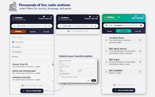 AirWave - Floating Radio Player :: Floating radio with draggable glass UI, search, favorites, and filters.