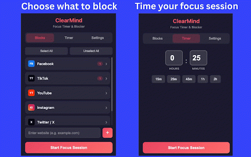 ClearMind – Website Blocker & Focus Timer & Shorts Blocker :: Stay focused and productive. Block distracting websites, set focus timers, and take control of your browsing habits.