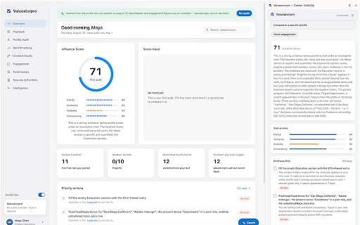 Valueatorpro — LinkedIn Profile Audit :: LinkedIn profile audit: score your headline, About and experience, with a quote from your own text behind every finding.