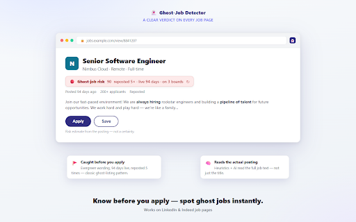 Ghost-Job Detector :: Flags job listings that show ghost-job warning signs on LinkedIn and Indeed, with the reasons. A risk estimate, not a certainty.