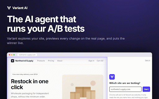 Variant AI :: Variant explores your site, proposes A/B tests, and ships the winners. Preview every change on your real page first.