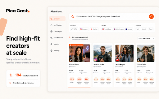 PicaCast - Export creator data & find similar creators :: Export creator data for free from Instagram, TikTok, YouTube or X, and quickly find similar creators.