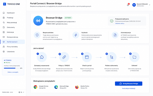 TENDIO Browser Bridge :: Łączy portal w zwykłej przeglądarce i automatycznie przekazuje dokumenty do TENDIO ONE.
