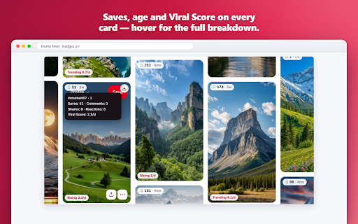 PinLens for Pinterest :: Pin stats & viral scores on every pin, board cleanup for duplicates & dead links, and AI pin copy.