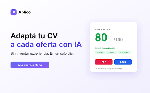 Aplico :: Adaptá tu CV a cada oferta con IA, sin inventar experiencia. Cover letter y mensaje al recruiter en 1 clic.