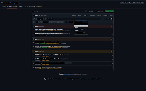 gitreview :: An enhanced GitHub pull requests page with age-based review queues and focused filters.