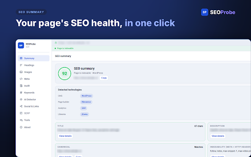 SEOProbe :: Visual SEO audit tool with AI detection, link analysis, accessibility checks, Google Sheets export and XLSX export.