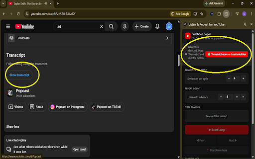Listen & Repeat for YouTube :: YouTube Looper for learning 循環播放 YouTube 字幕,一句聽懂再按下一句
