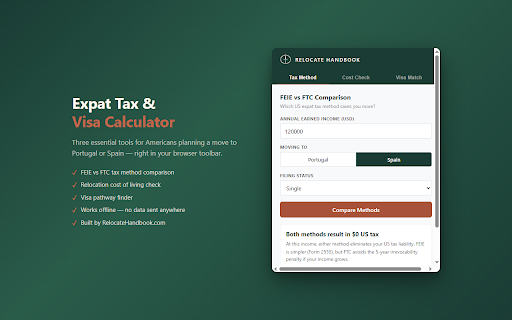 Expat Tax & Visa Calculator :: FEIE vs FTC tax comparison, relocation cost check, and visa finder for US expats moving to Portugal or Spain.