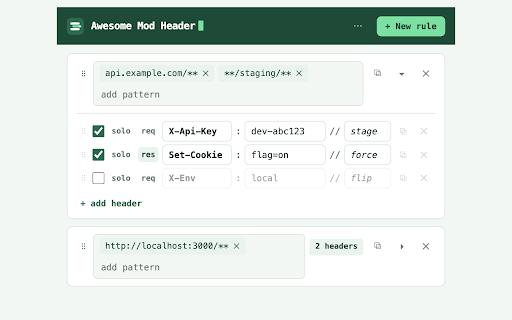 Awesome Mod Header :: Add or overwrite HTTP request and response headers on URLs you choose. Open source.