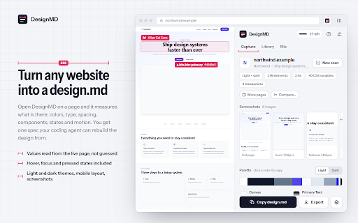 DesignMD: Copy Website Design, Mix with AI :: Copy any web page's design into a design.md spec of real CSS values and design tokens, ready for your AI coding agent.