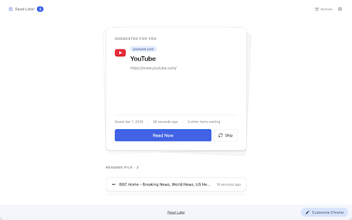 Read Later :: Save tabs to read later, surfaced on every new tab.