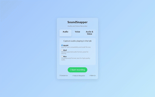 Sound Snapper :: Clearly Capture Chrome tab audio and mic. Advanced processing kills noise and echo. Ideal for meetings, voiceovers, and commentary.