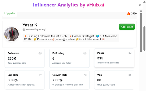 Influencer Analytics by vHub.ai :: Analyze Influencer profiles with vHub.ai