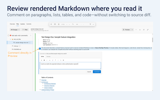 Markdown PR — Azure DevOps PR Comments :: Comment on rendered Markdown in Azure DevOps PRs with inline threads, Changes, Outline, and keyboard navigation.