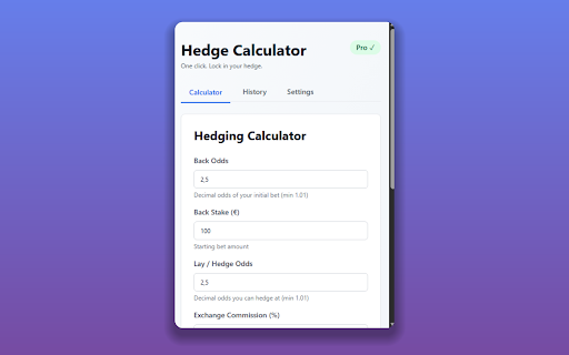 Hedge Calculator :: One-click matched-betting hedge calculator. Enter back odds + stake and a lay/hedge quote to lock in your guaranteed result.