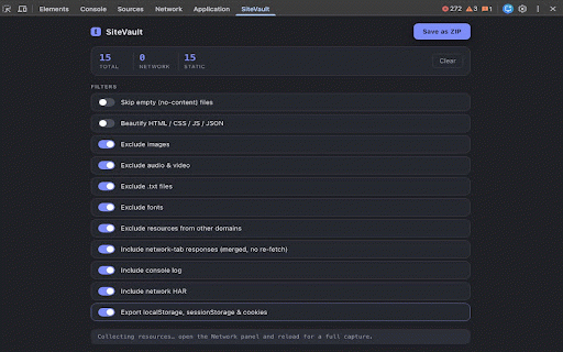 SiteVault :: Capture assets of page loads — plus console log, HAR, storage & cookies — and save as a ZIP in original folder structure.