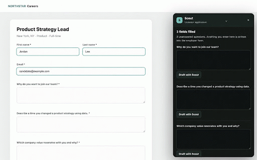 Scout — application assistant :: Fills reviewed job application answers and drafts unanswered questions. Scout never submits.