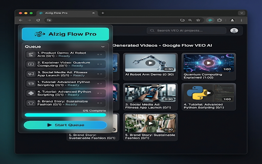 Alzig Flow Pro - Bulk Video Automation :: Automate bulk AI video generation with Google Flow. Queue prompts, batch process, auto-download videos.