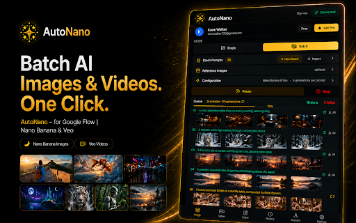 AutoNano – AI Batch Generator for Google Flow | Nano Banana & Veo :: AI batch generator for Google Flow. Nano Banana, Imagen 4 & Veo — plus MCP support to automate workflows via Claude.