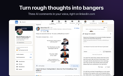 Banger: AI Posts & Comments for LinkedIn :: Turn rough thoughts into standout posts. AI comments and posts in your voice that grow your LinkedIn. Bring your own AI key.