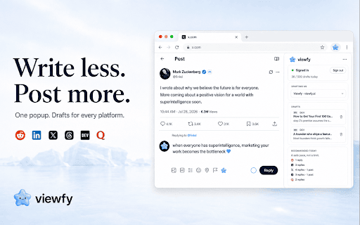 Viewfy :: Drafts posts and replies on LinkedIn and X, right where you'd type. Finds threads. Learns your voice. You post.