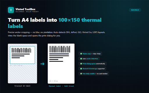 Vinted Label Crop & Bulk Packing ToolBox (Pro Shipping Assistant) :: Auto-crop Vinted & Wallapop labels to 10x15 thermal PDF/PNG or bulk A4 layout. Safe multi-account & parcel management.