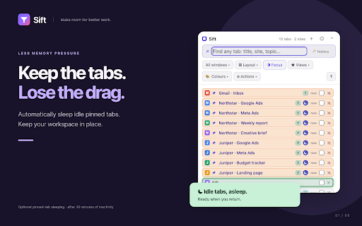 Sift: tab finder :: Find any tab out of hundreds as fast as out of three. Search-first command palette + a no-scroll, site-clustered side panel.