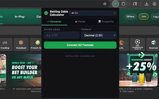 Betting Odds Calculator :: Odds converter & parlay calculator. Decimal, American, Fractional, HK, Malay, Indonesian. 10 languages. betting-odds-calculator.com.