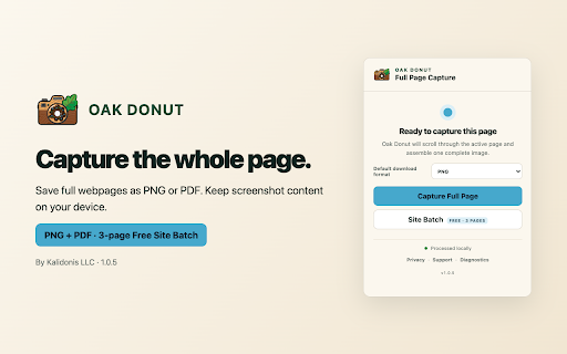 Oak Donut :: Capture complete webpages as local PNG or PDF files, with same-domain discovery and a three-page Free Site Batch workflow.