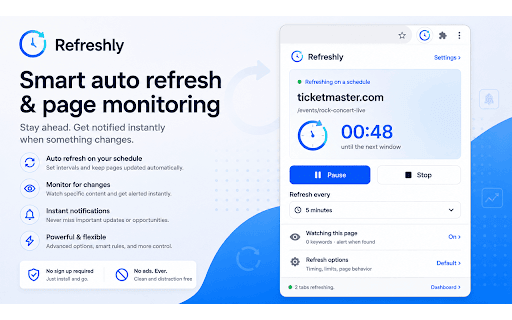 Refreshly — Free Auto Refresh & Page Monitor :: Auto-refresh & monitor any page for keywords, changes & stock. Get instant alerts. Schedule refresh. FREE , NO SIGNUP.