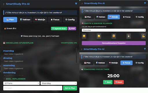 SmartStudy AI - Dashboard :: Multi-menu AI Agent planner met live timers en afvinkvakjes.