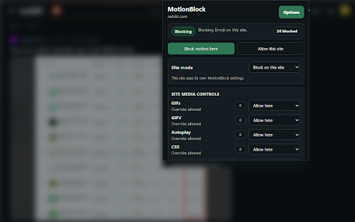 MotionBlock: GIF Blocker & Animation Stopper :: Stop GIFs, GIFV, autoplay video, hover previews, and distracting motion with per-site controls.