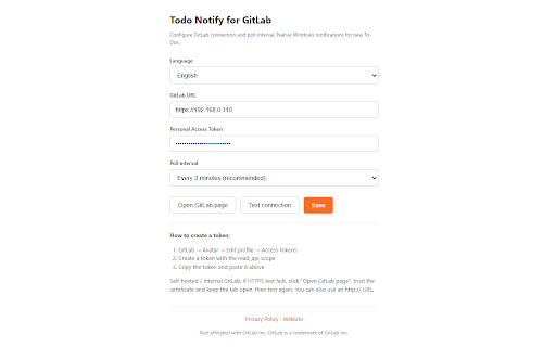 Todo Notify for GitLab :: Native system notifications for GitLab To-Dos. Not affiliated with GitLab. Token stored locally only; requires read_api scope.
