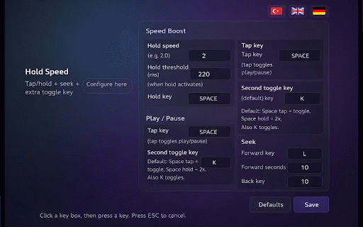 Universal Video Controls :: Tap/Hold speed boost + customizable keys for play/pause and seek.