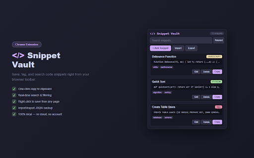 Snippet Vault :: Save, tag, and search code snippets locally. Copy any snippet with one click. No accounts, no cloud — stays on device.
