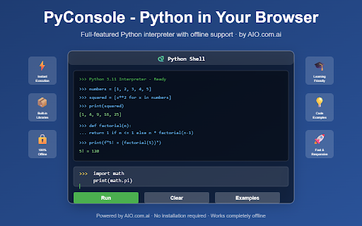 PyConsole - Browser Python Terminal :: Run Python code instantly in your browser with a full-featured interpreter