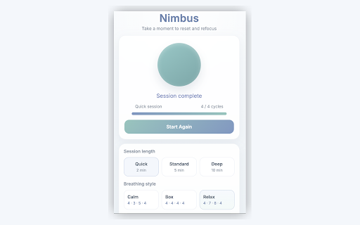 Nimbus Breathing & Focus :: Guided breathing exercises to reduce stress, improve focus, and build a daily mindfulness habit with reminders and streak tracking.