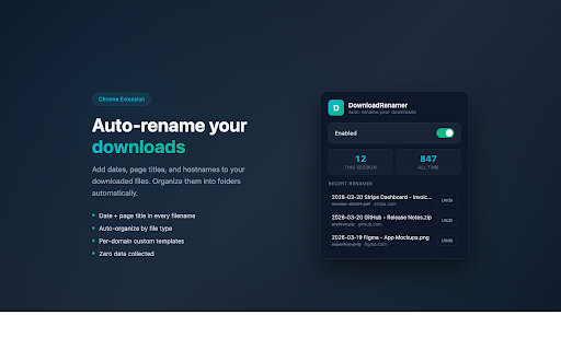 DownloadRenamer :: Auto-rename downloaded files using date + page title (or hostname). No data collected.
