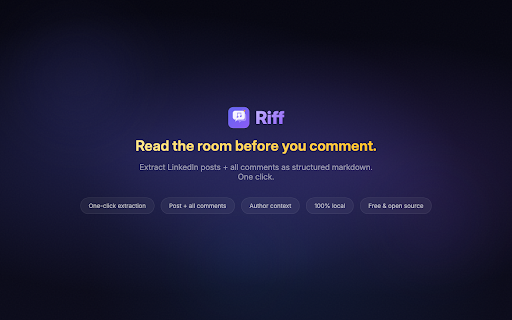 Riff - LinkedIn Engagement Assistant :: Extract LinkedIn posts and comments as structured markdown. Copy to clipboard for AI-powered reply drafting.