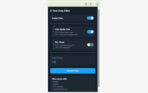 Smart Filter for X (Twitter) :: Filters out tweets with images, videos, and links on X (Twitter). Enjoy a text-only feed with customizable filtering options.