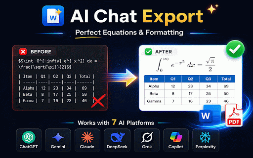 AI Chat to Word - Zeltravax :: Export chats (ChatGPT, Claude, Gemini, Copilot, and Perplexity) to Word or PDF with flawless formatting, math, and tables.
