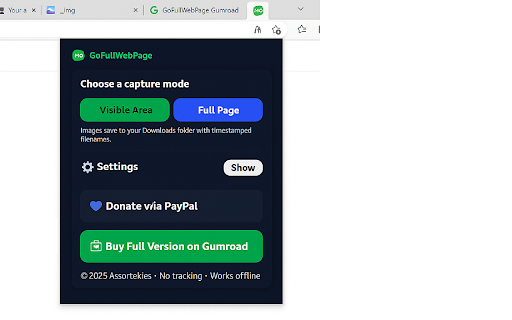 GoFullWebPage – Full Web Page Screen Capture :: Primary: Full Page auto-scroll capture. Add-on: Visible area capture. Save as PNG/JPG with custom filenames and toast alerts.