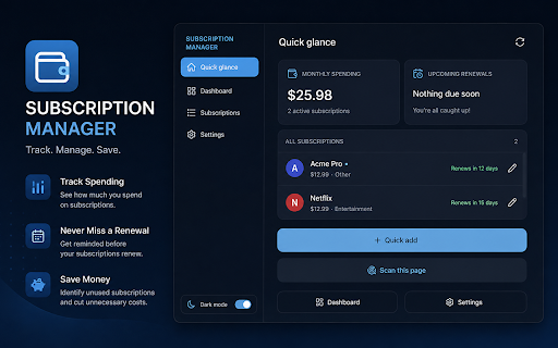 Subscription Manager :: Track, manage, and get reminders for all your subscriptions — private and local, with optional on-page save prompts.