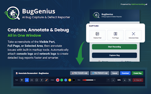 BugGenius - AI Bug Capture & Defect Reporter :: AI bug capture for QA teams. Captures screenshots, console logs, network requests, and steps to reproduce.