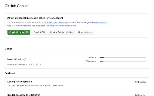GitHub Copilot Usage Progress :: Adds a second progress bar showing month-elapsed vs. usage on GitHub Copilot.