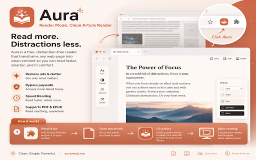 Reader Mode: Clean Article Reader - Aura :: One-click article cleaner. Removes ads, pop-ups, sidebars, paywalls. Clean text + focus sounds + RSVP. No account needed.