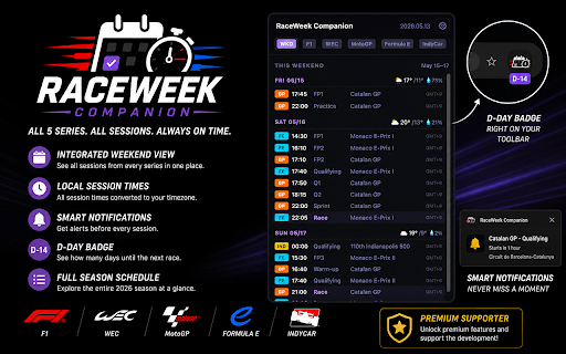 RaceWeek Companion - F1, WEC, MotoGP, Formula E & IndyCar Calendar :: 2026 F1, WEC, MotoGP, Formula E & IndyCar schedules with D-day badge, local times, weather, and alerts.